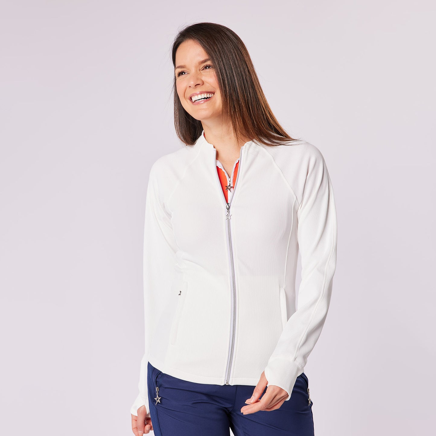 Swing Out Sister Ladies Collarless Ribbed Jacket with Soft-Stretch in Warm White