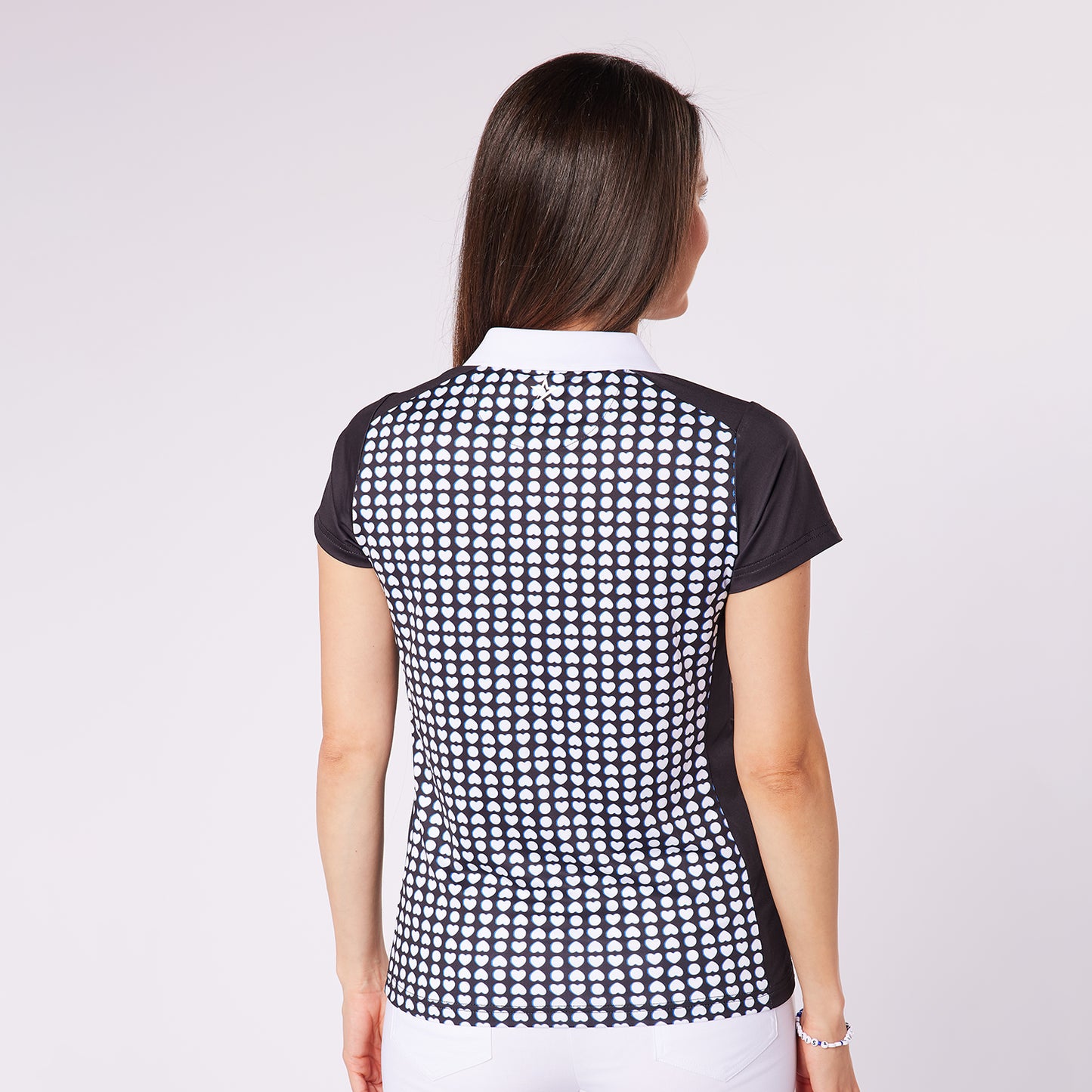 Swing Out Sister Zip-Neck Heart Print Cap Sleeve Polo