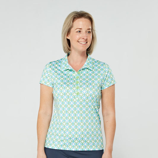 Swing Out Sister Ladies Cap Sleeve Polo in Dazzling Blue and Emerald Mosaic Pattern