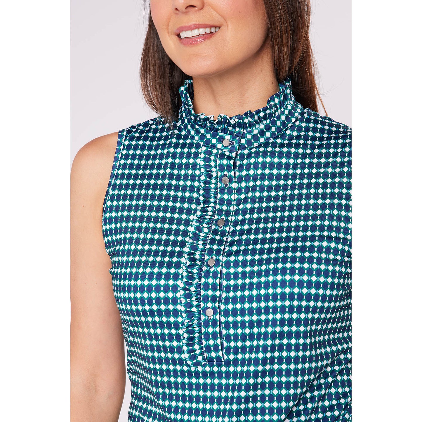Swing Out Sister Ladies Sleeveless Polo with Geometric Print and Frill Trim Collar