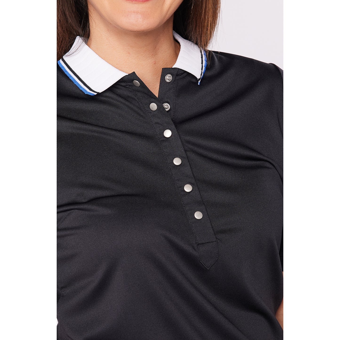 Swing Out Sister Ladies Black Pique Short Sleeve Polo with White Ribbed Collar