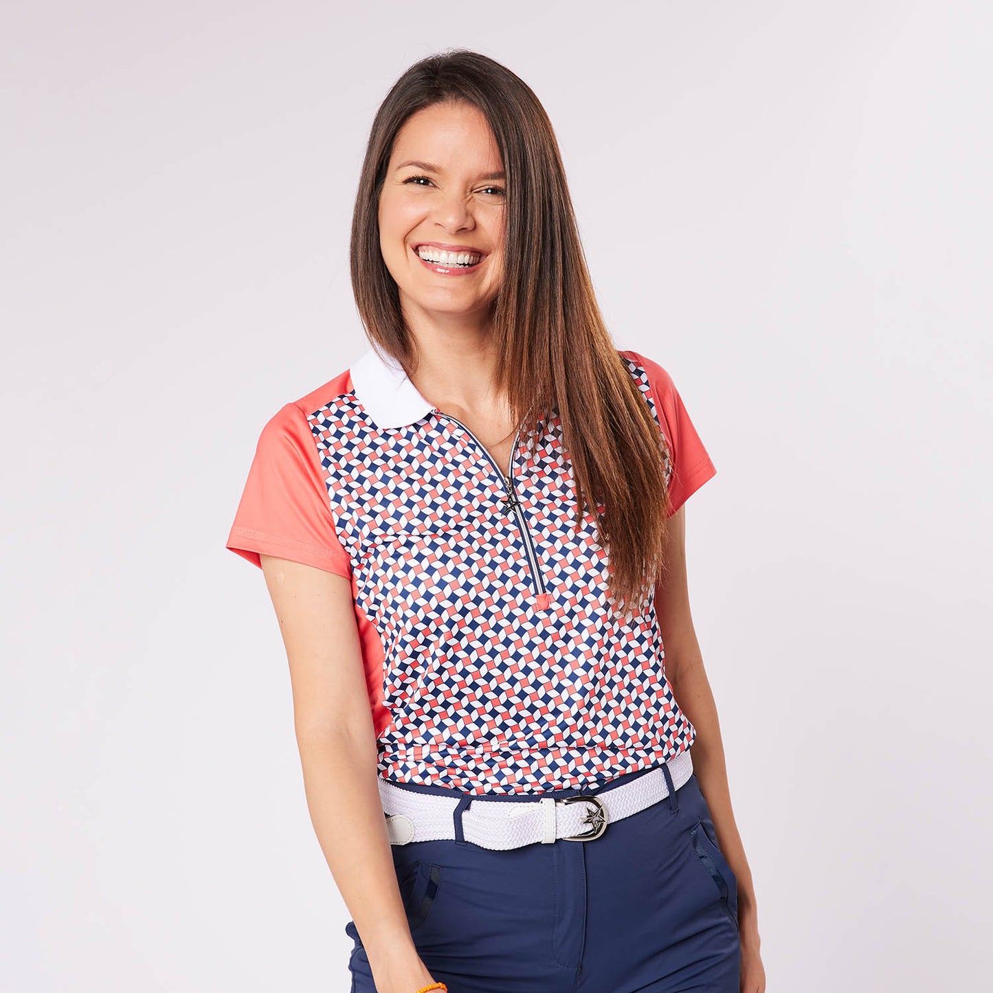 Swing Out Sister Zip-Neck Tile Print Cap Sleeve Polo
