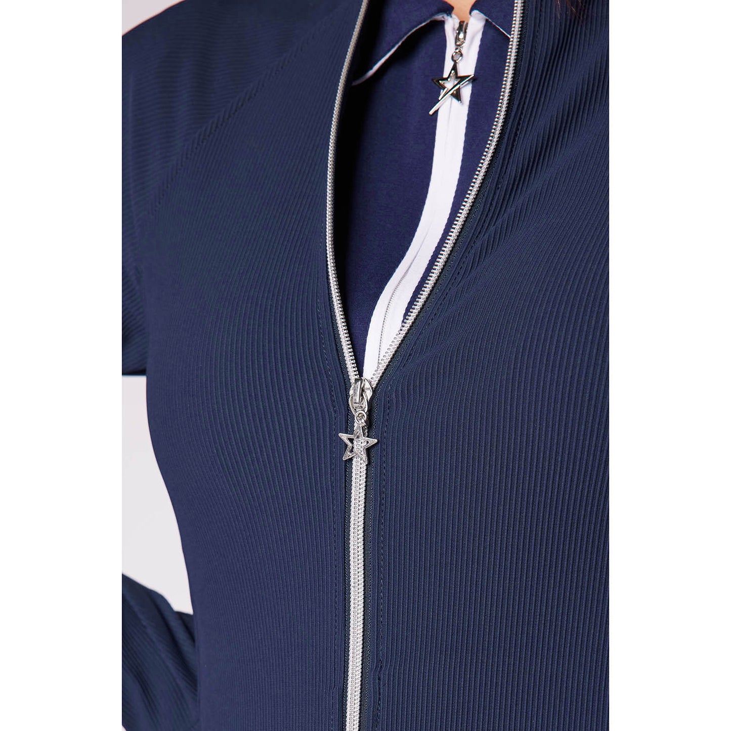Swing Out Sister Ladies Collarless Ribbed Jacket with Soft-Stretch in Navy
