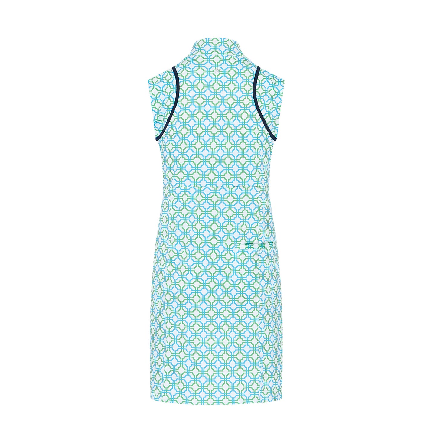Swing Out Sister Ladies Sleeveless Golf Dress in Dazzling Blue and Emerald Mosaic Pattern