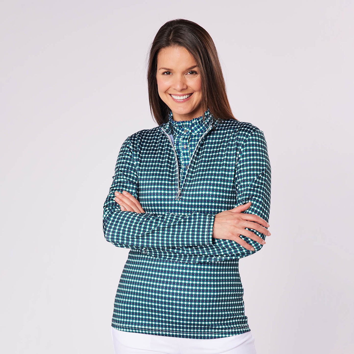 Swing Out Sister Ladies Geometric Print Zip-Neck Top
