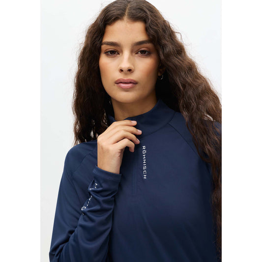 RΓΆhnisch Ladies Elegant Navy Zip Neck Stretch Top for Effortless Movement with Every Swing