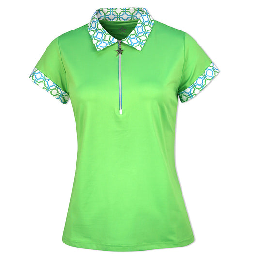 Swing Out Sister Ladies Zip-Neck Short Sleeve Polo with Dazzling Blue and Emerald Mosaic Pattern