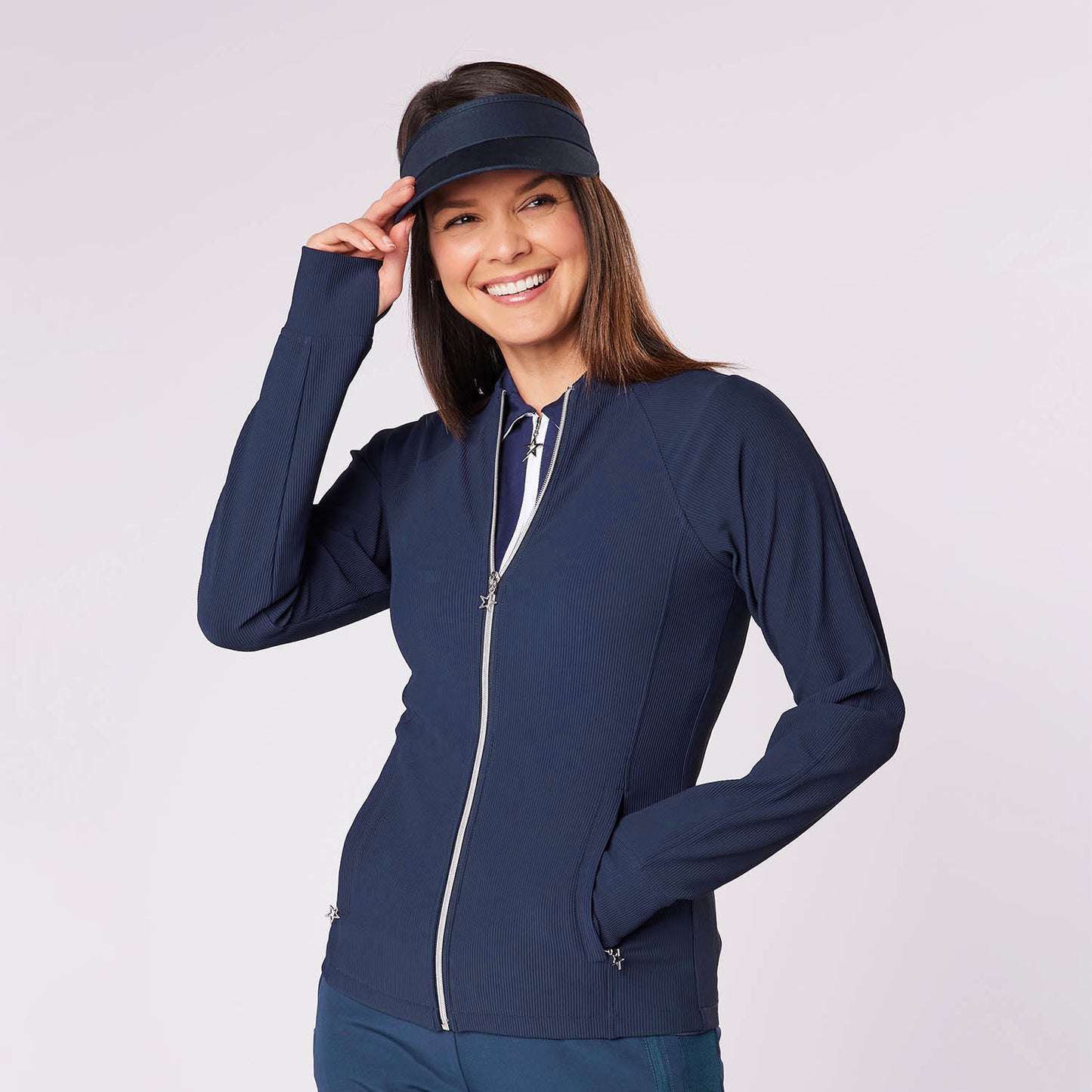 Swing Out Sister Ladies Collarless Ribbed Jacket with Soft-Stretch in Navy
