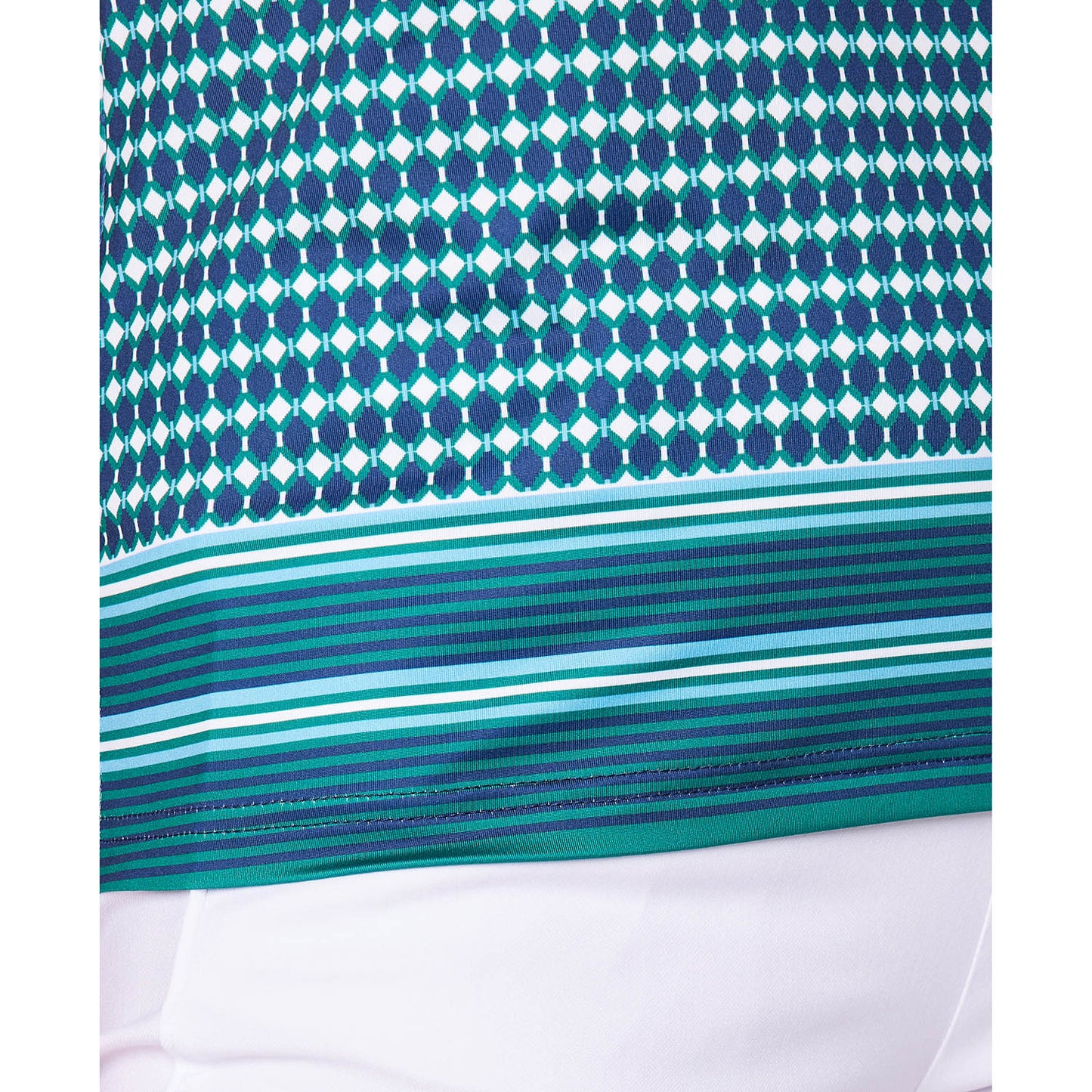 Swing Out Sister Ladies Cap Sleeve Polo in Geo Print with Frill Trim Detail