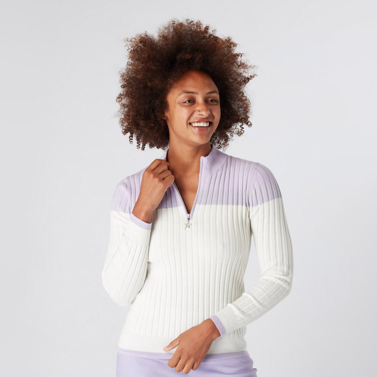 Swing Out Sister Ladies Colour Block Zip-Neck Sweater in Digital Lavender