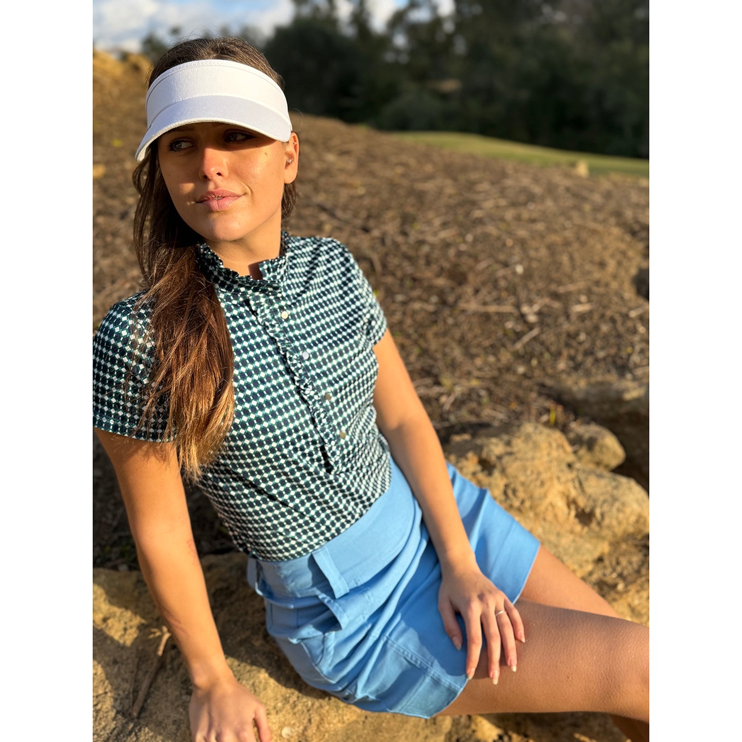 Swing Out Sister Ladies Cap Sleeve Polo in Geo Print with Frill Trim Detail