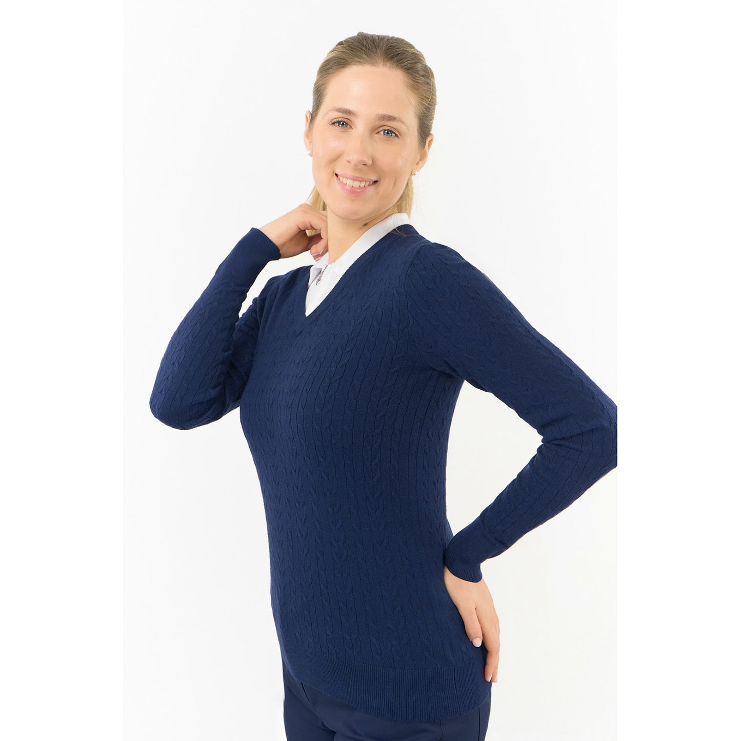 Pure Ladies Cable Knit V-Neck Golf Sweater in Navy