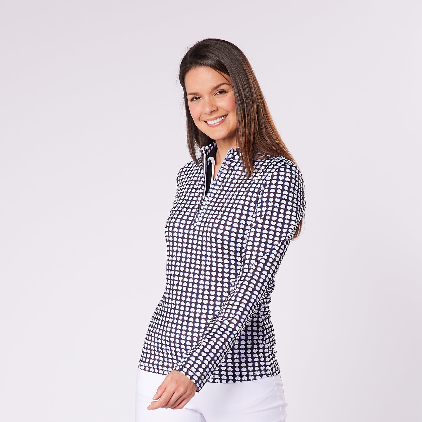 Swing Out Sister Womens Heart Print Zip-Neck Top