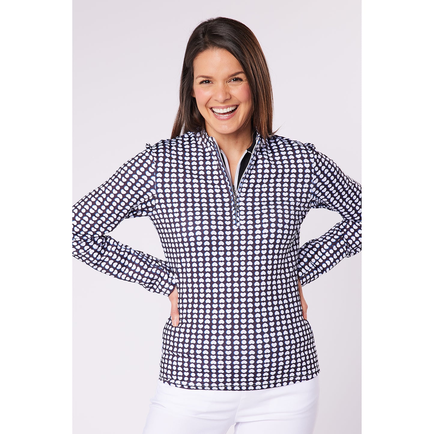 Swing Out Sister Womens Heart Print Zip-Neck Top