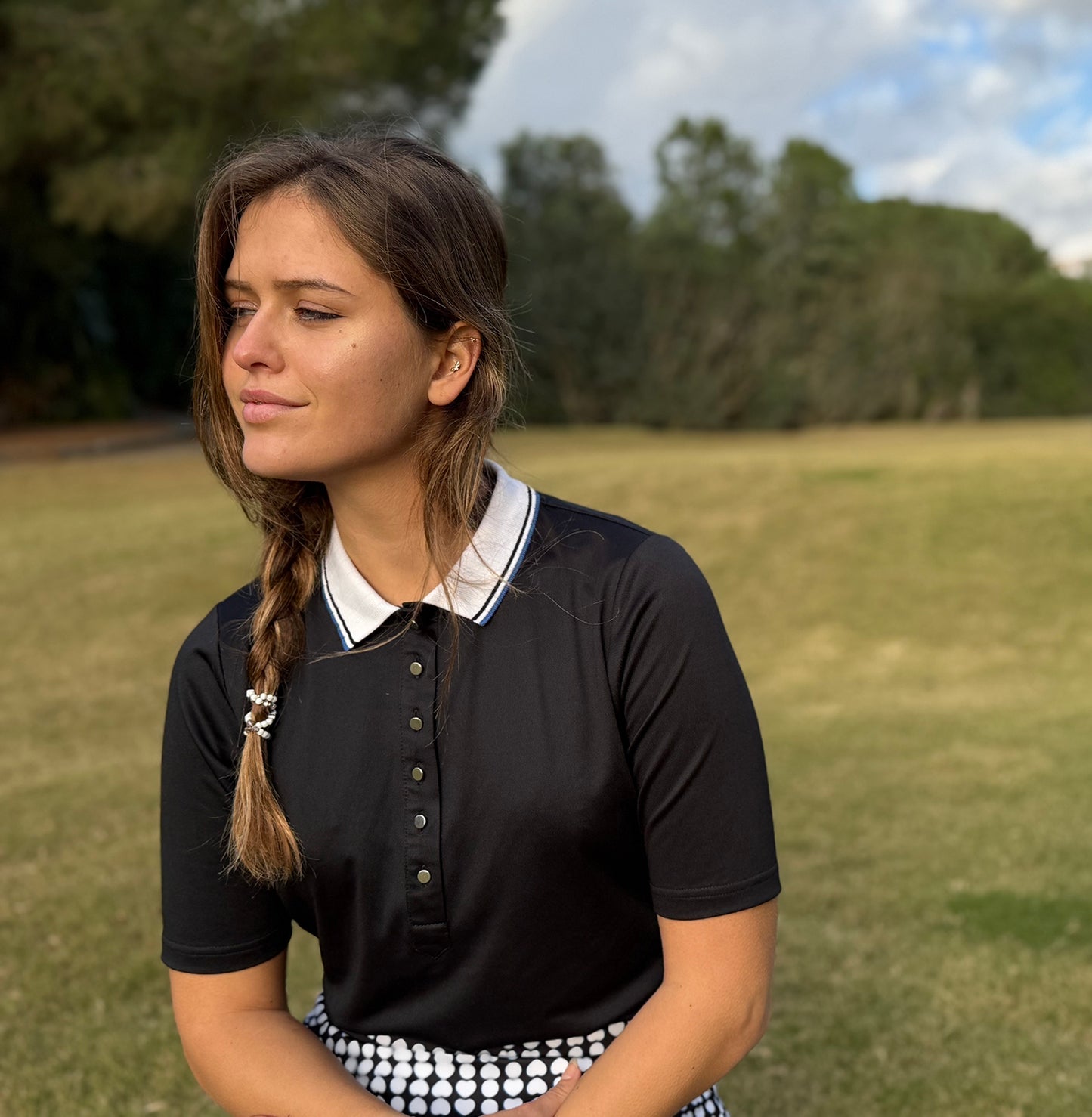 Swing Out Sister Ladies Black Pique Short Sleeve Polo with White Ribbed Collar