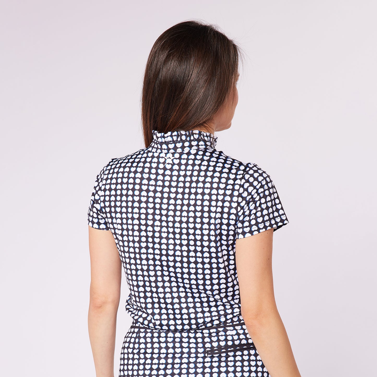 Swing Out Sister Ladies Cap Sleeve Polo in Geo Print with Frill Trim Detail