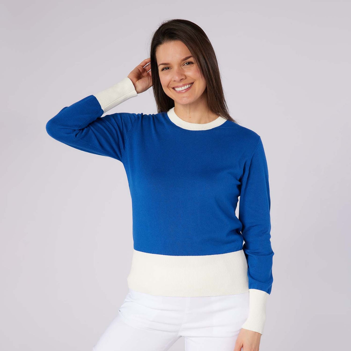 Swing Out Sister Ladies Colour Block Knitted Sweater - Feminine Comfort & Course Ready Style