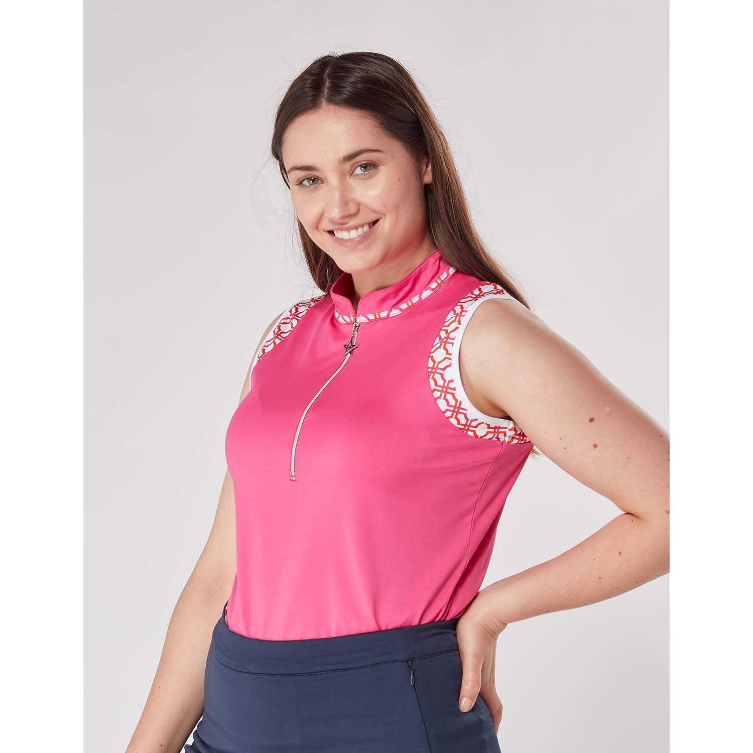 Swing Out Sister Ladies Sleeveless Polo in Lush Pink and Mandarin with Zip-Neck