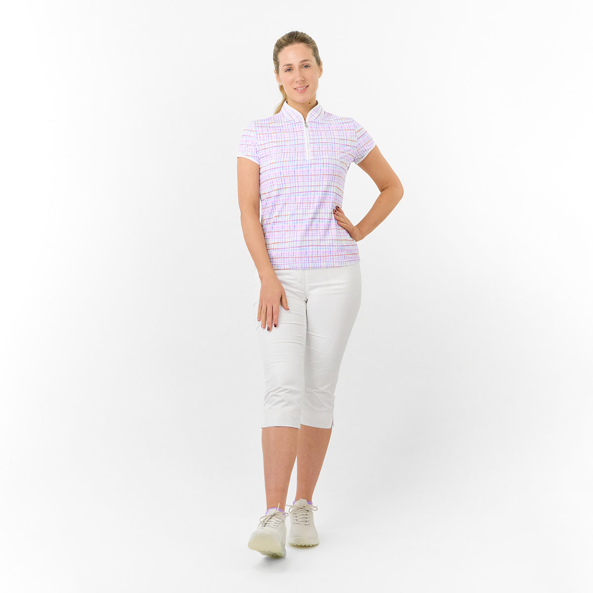Pure Golf Cap Sleeve Polo in Pastel Check Print