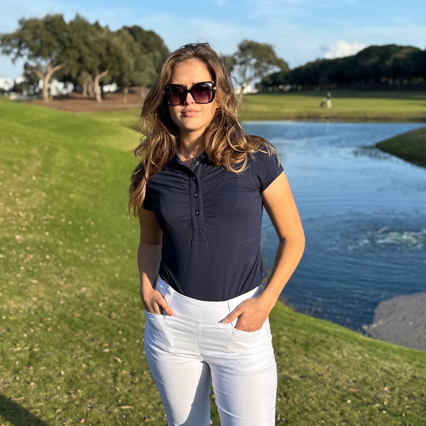 Swing Out Sister Ladies Ultra-Soft Stretch Short Sleeve Polo in Navy Blazer