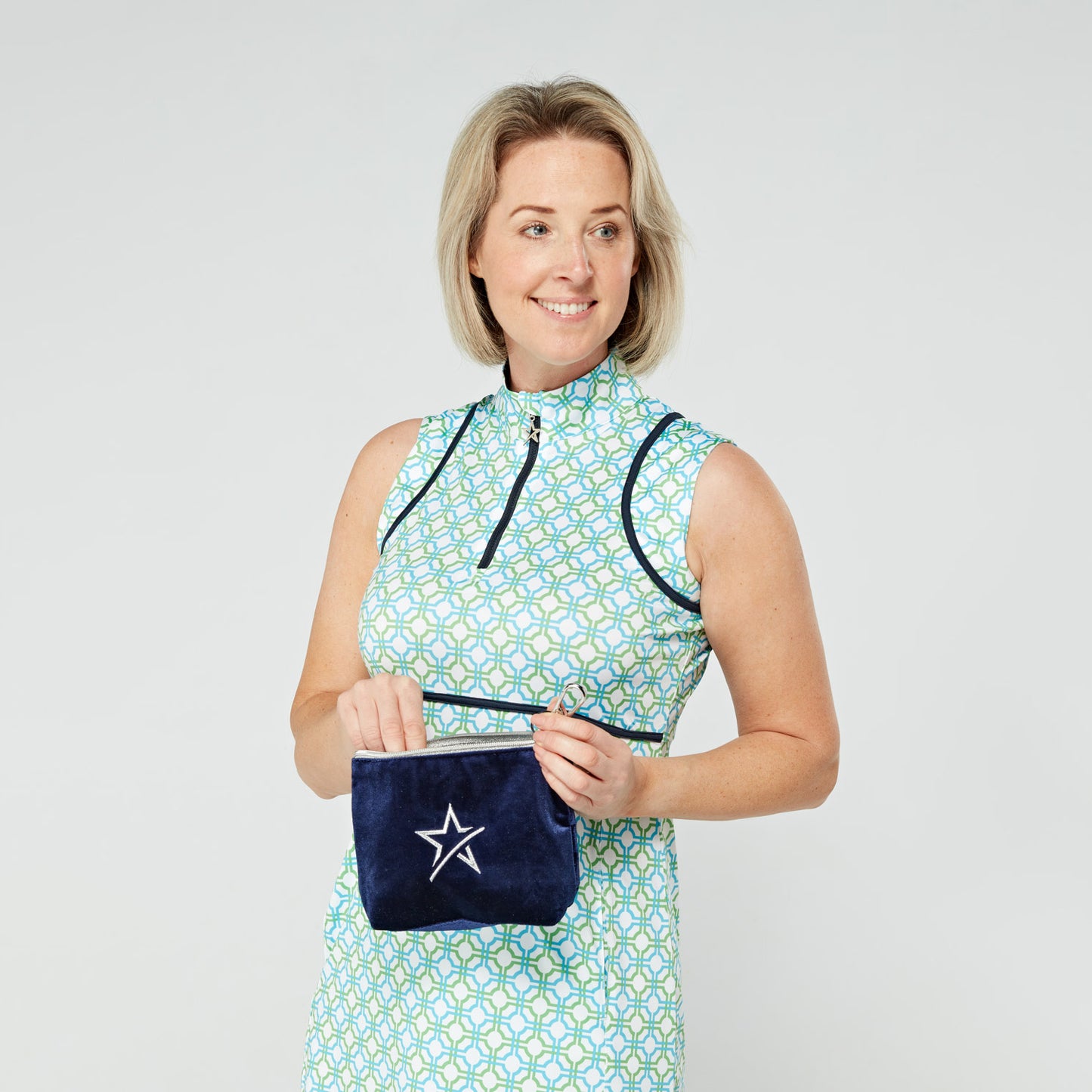 Swing Out Sister Ladies Sleeveless Golf Dress in Dazzling Blue and Emerald Mosaic Pattern
