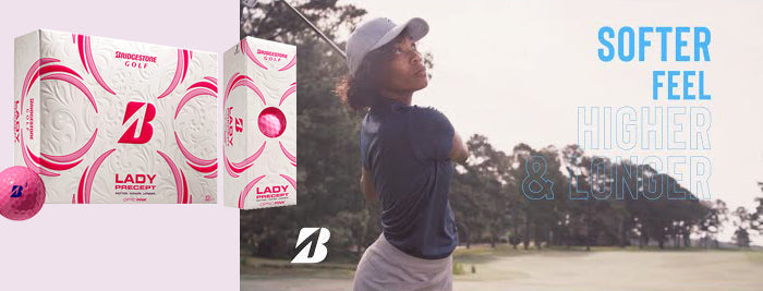 Image of Bridgestone ladies golf balls in pink alongside a female golfer completing her swing at a golf course.