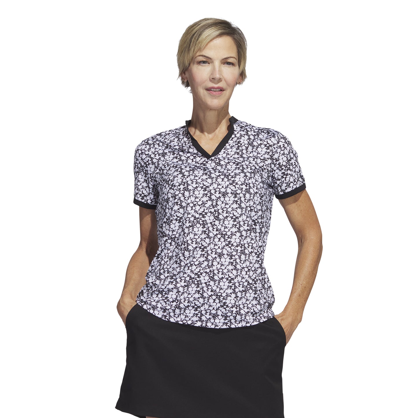 adidas Ladies Short Sleeve Golf Polo with Black & White Floral Print