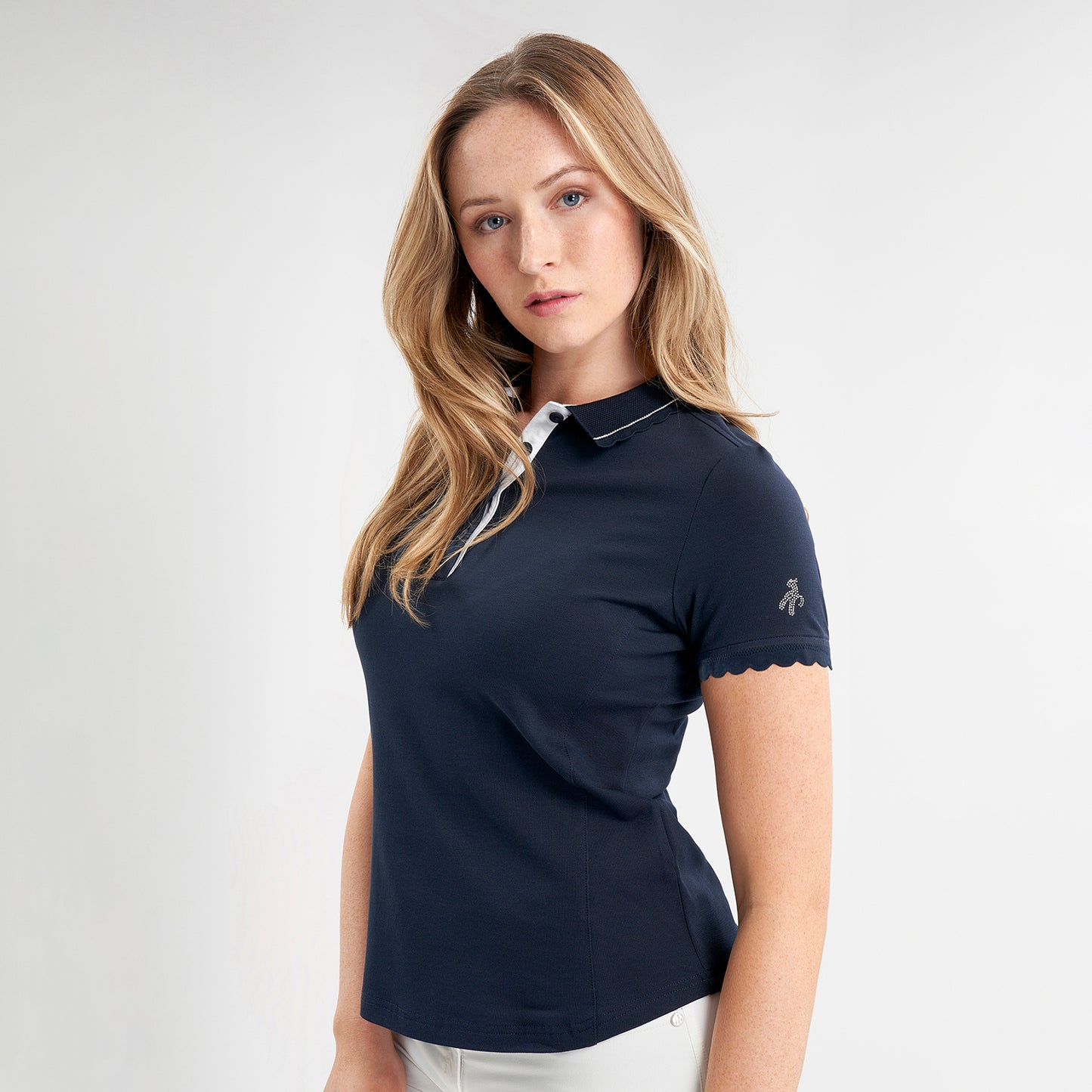 Green Lamb Ladies Short Sleeve Polo with Scalloped Trim in Navy