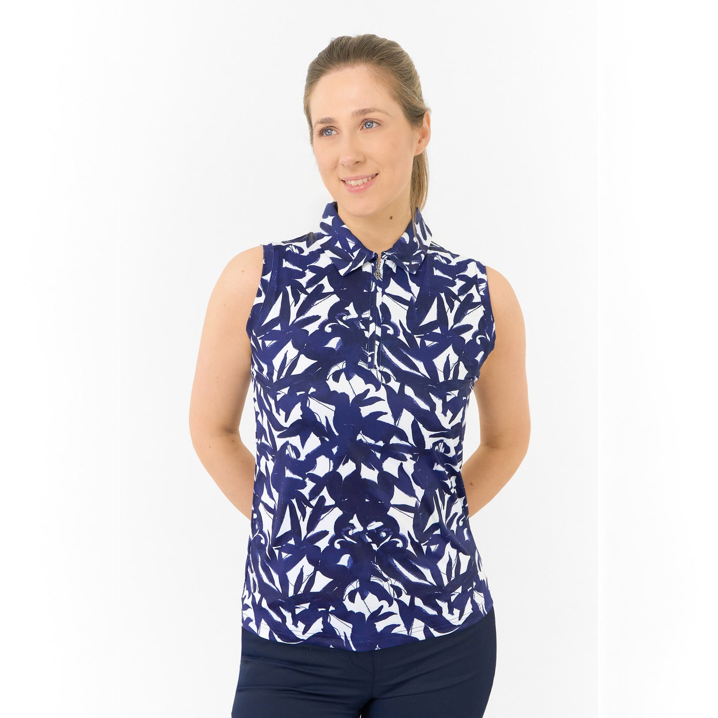 Pure Golf Ladies Sleeveless Polo with Botanical Navy Print