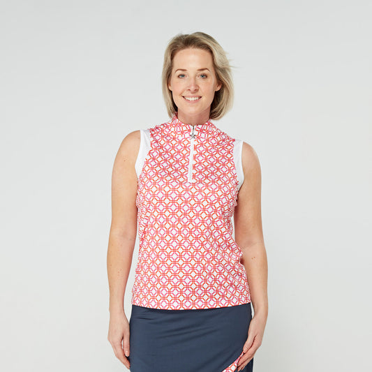 Swing Out Sister Sleeveless Zip-Neck Polo in Lush Pink and Mandarin Mosaic Pattern