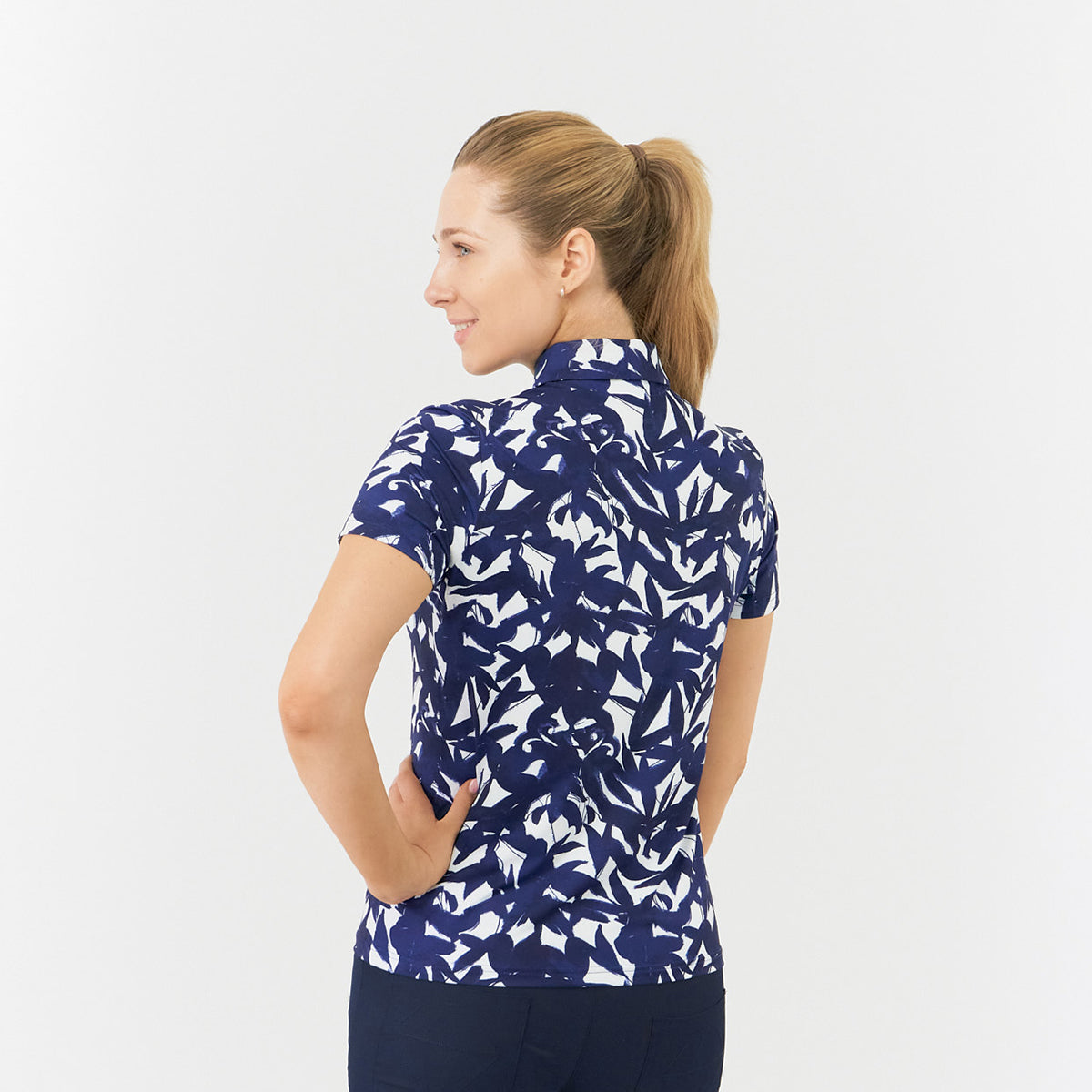 Pure Golf Ladies Short Sleeve Polo in Botanical Navy Print