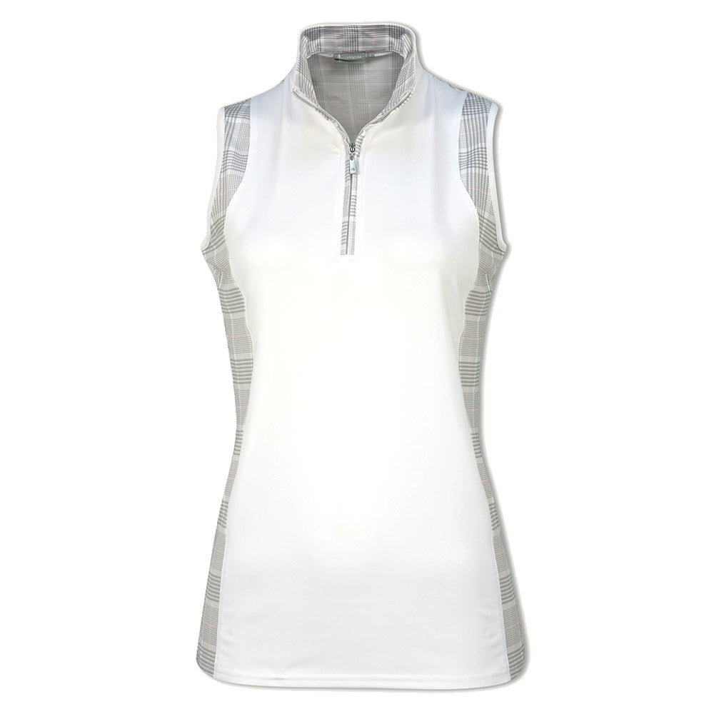 Glenmuir Ladies Sleeveless Polo with Contrast Print Panels in White/Light Grey/Candy Check