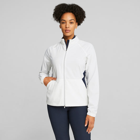 Puma Golf Ladies Wind Jacket with WRMLBL technology in White Glow/Navy Blazer
