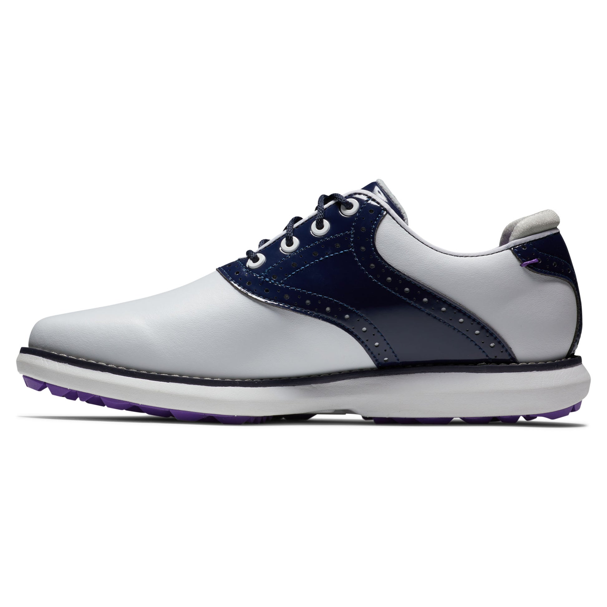 FootJoy Ladies Wide Fit Waterproof Spikeless Traditions Shoes in White, Navy & Purple