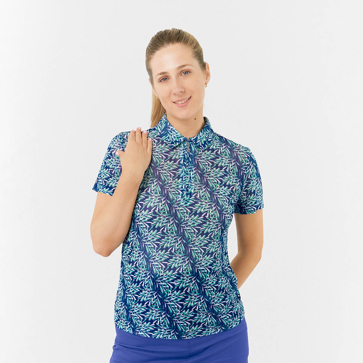 Pure Golf Ladies Short Sleeve Mesh Polo in Palm Print Design