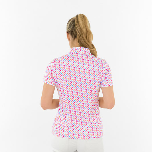 Pure Ladies Short Sleeve Polo in Fun Bottle Print for Playful Style & Comfortable Wear