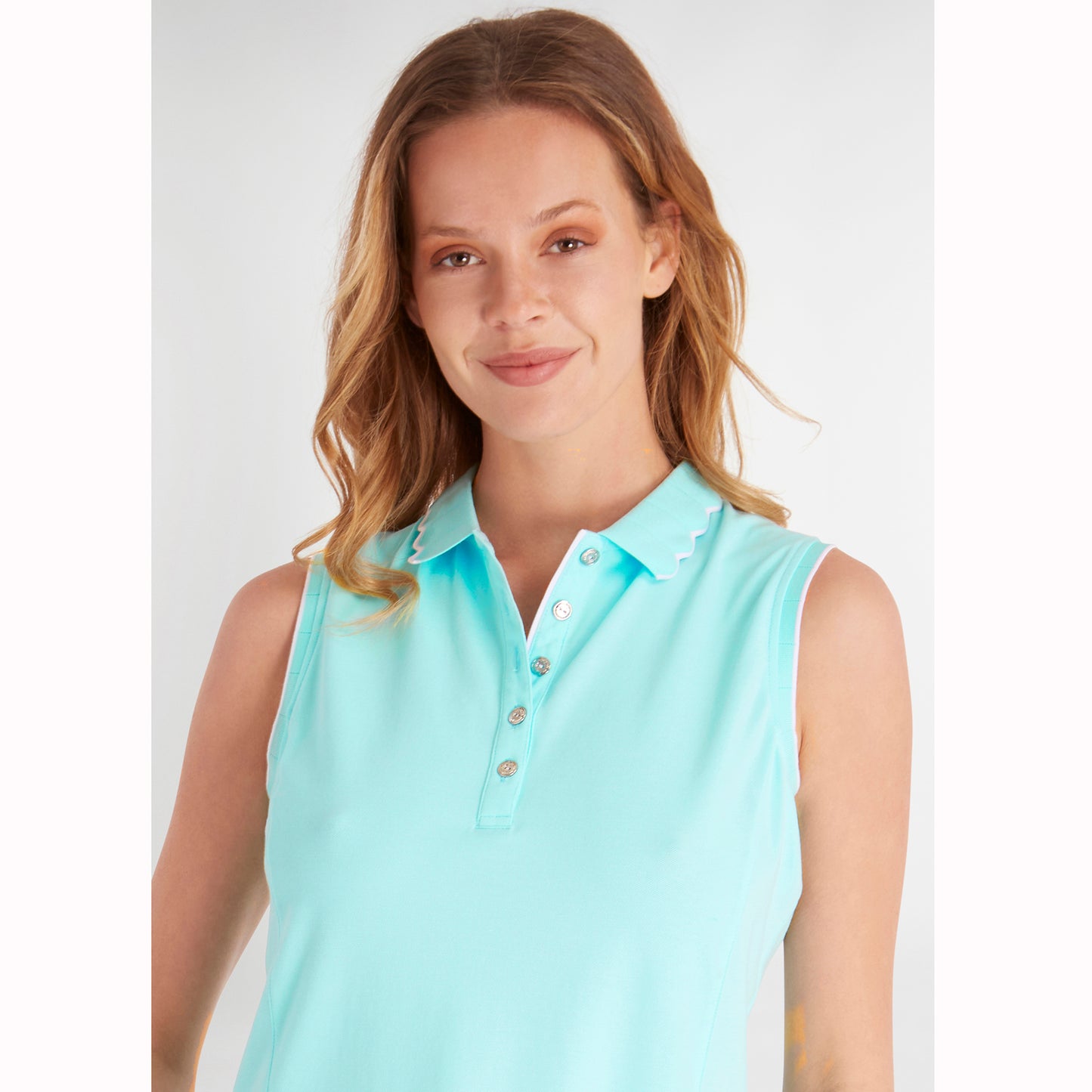 Green Lamb Ladies Sleeveless Polo with Scalloped Collar in Aqua