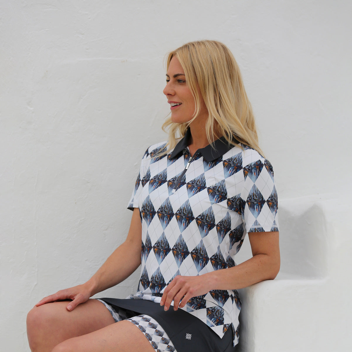 FAMARA Ladies Short Sleeve Polo Shirt in Docklands Print - Last One Small Only Left