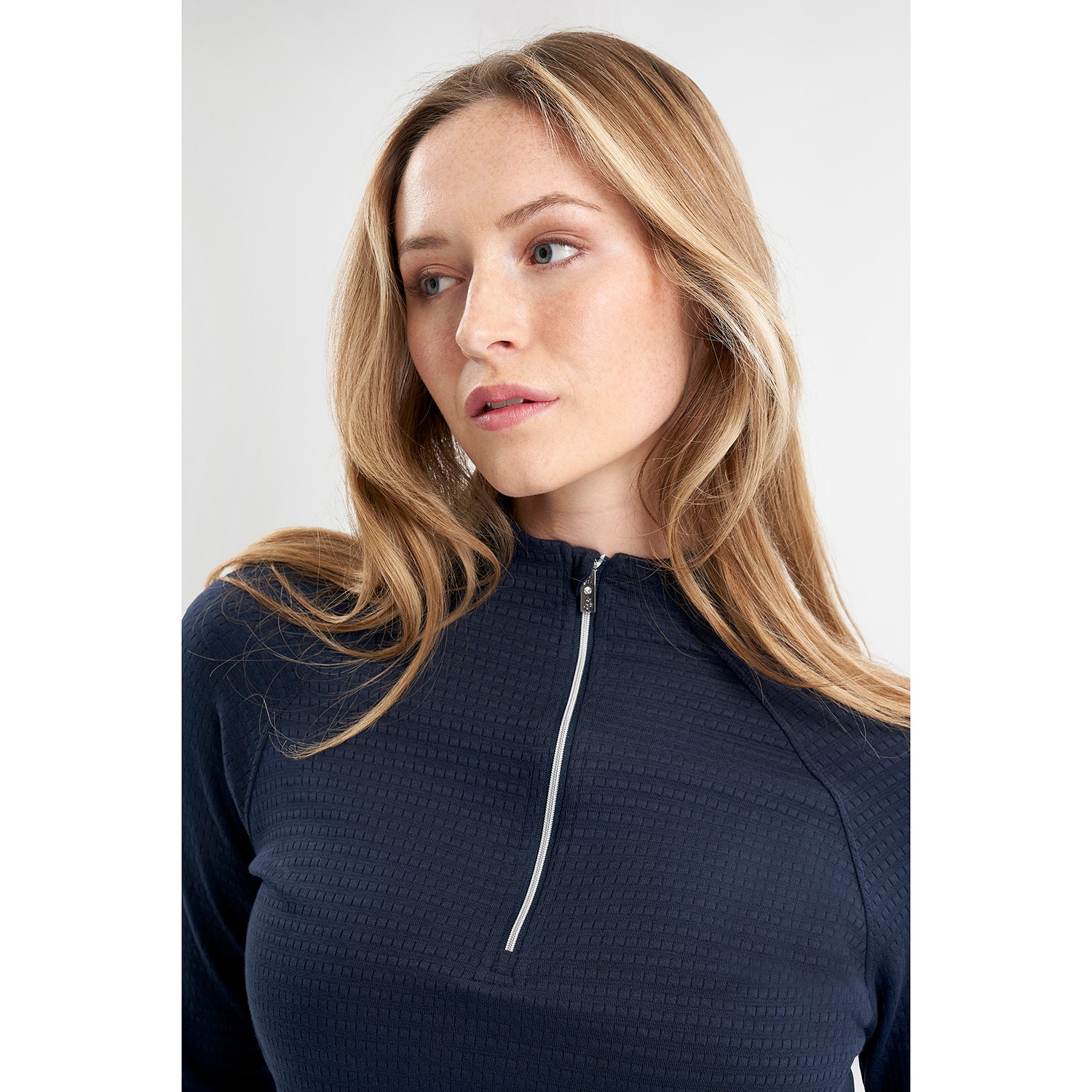 Green Lamb Ladies Zip Neck Top with Textured Finish in Navy