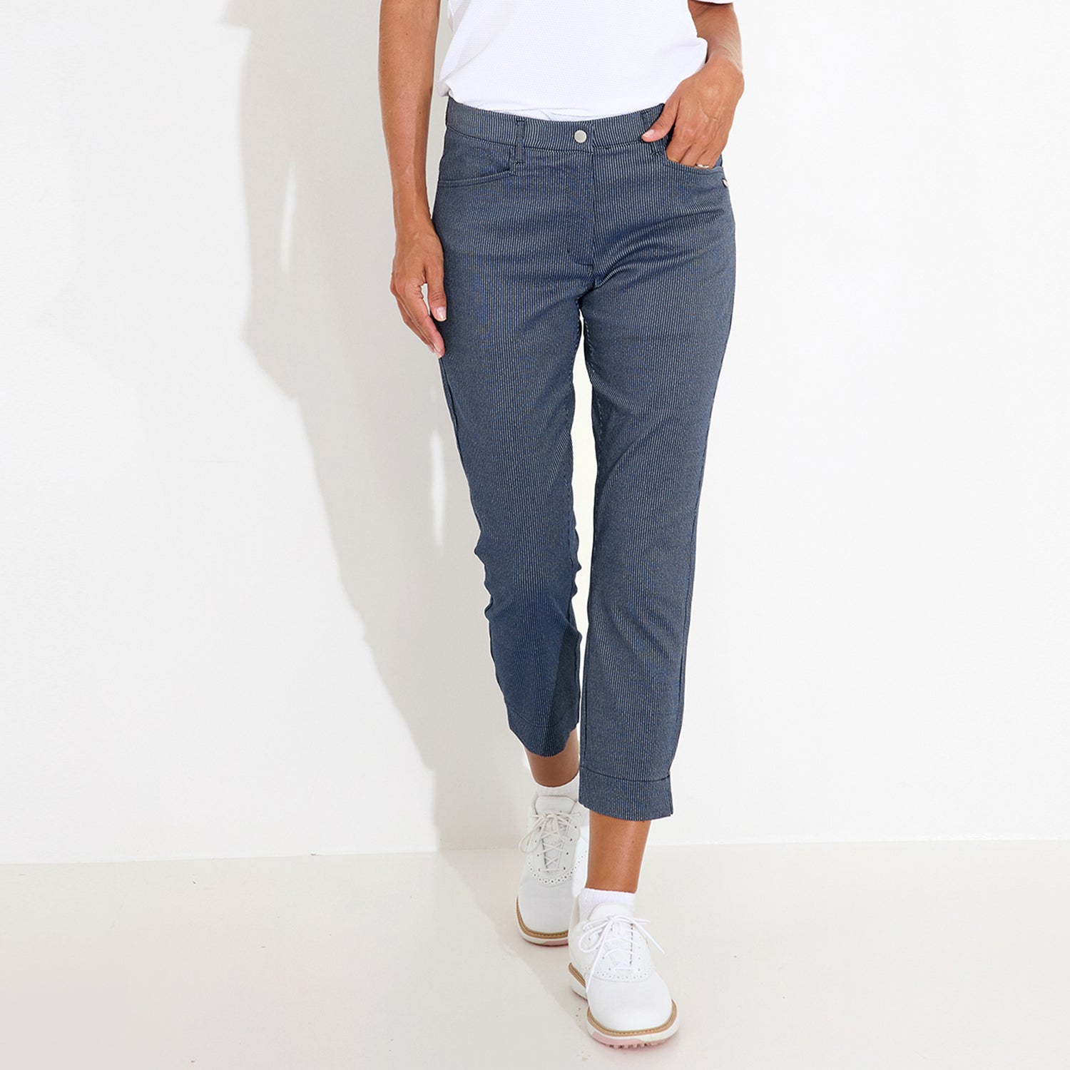 Abacus Ladies 7/8 Navy Pinstripe Trousers - Effortless Style & Performance