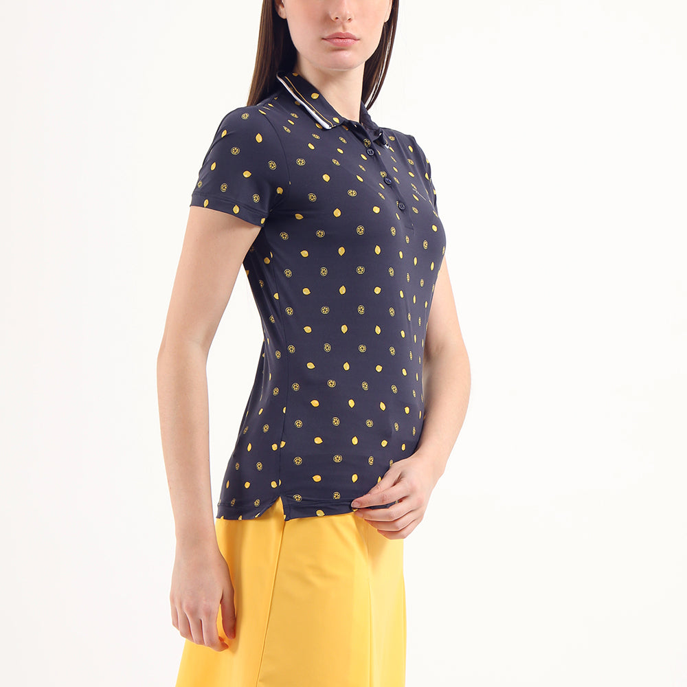 Chervo Ladies Short Sleeve Polo in Navy & Yellow Lemon Print