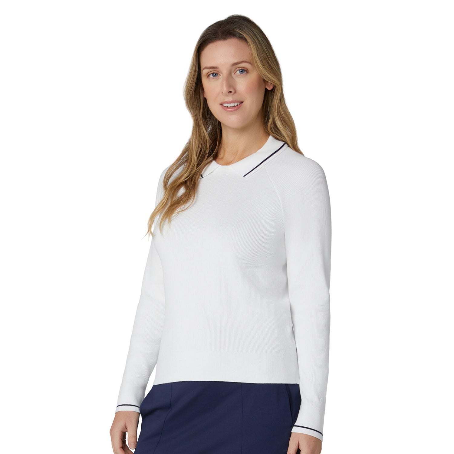 Callaway Ladies Smart Ribbed Sweater with Attached Collar For A Standout Look