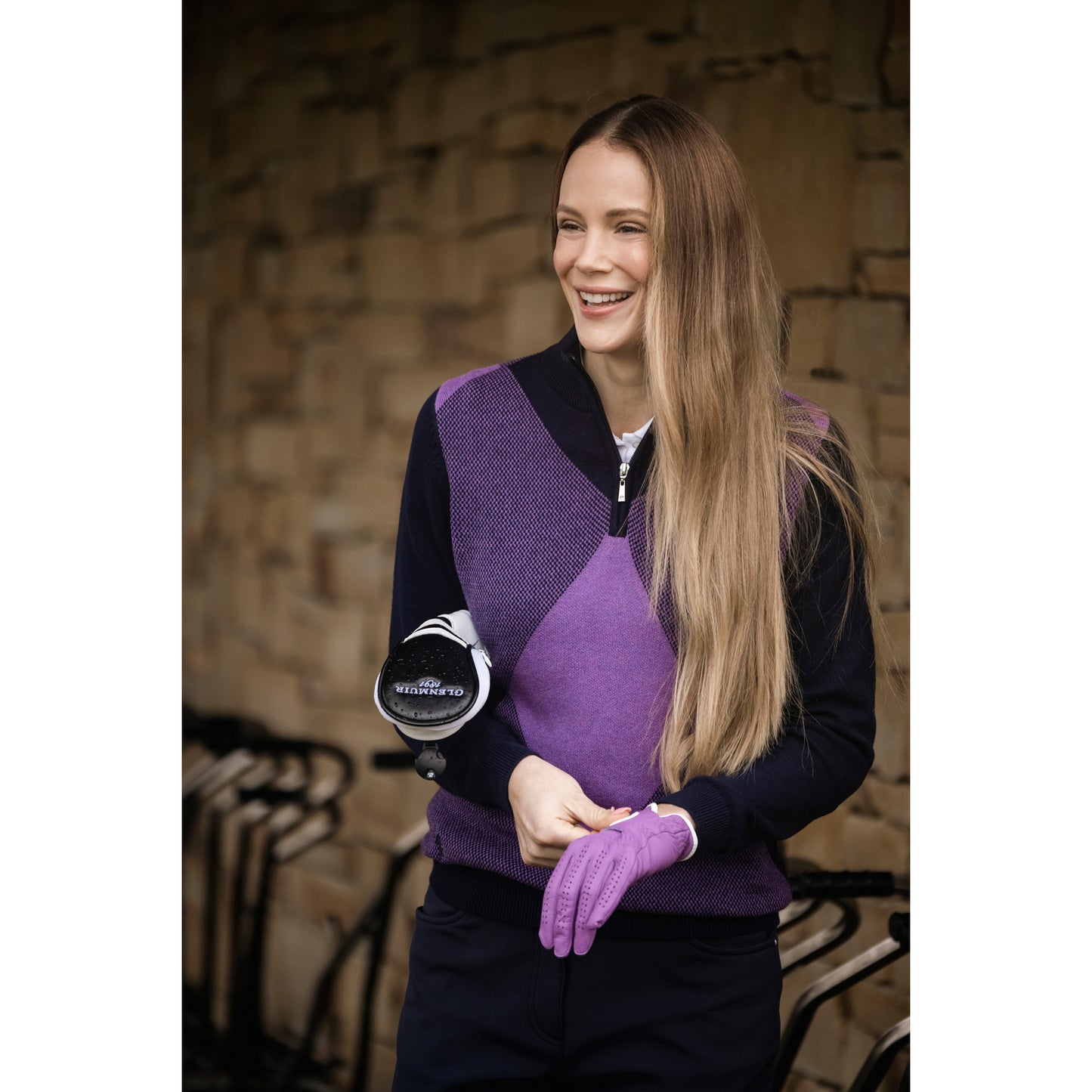 Diamond Argyle Zip-Neck Sweater with Cashmere in Navy & Amethyst Marl