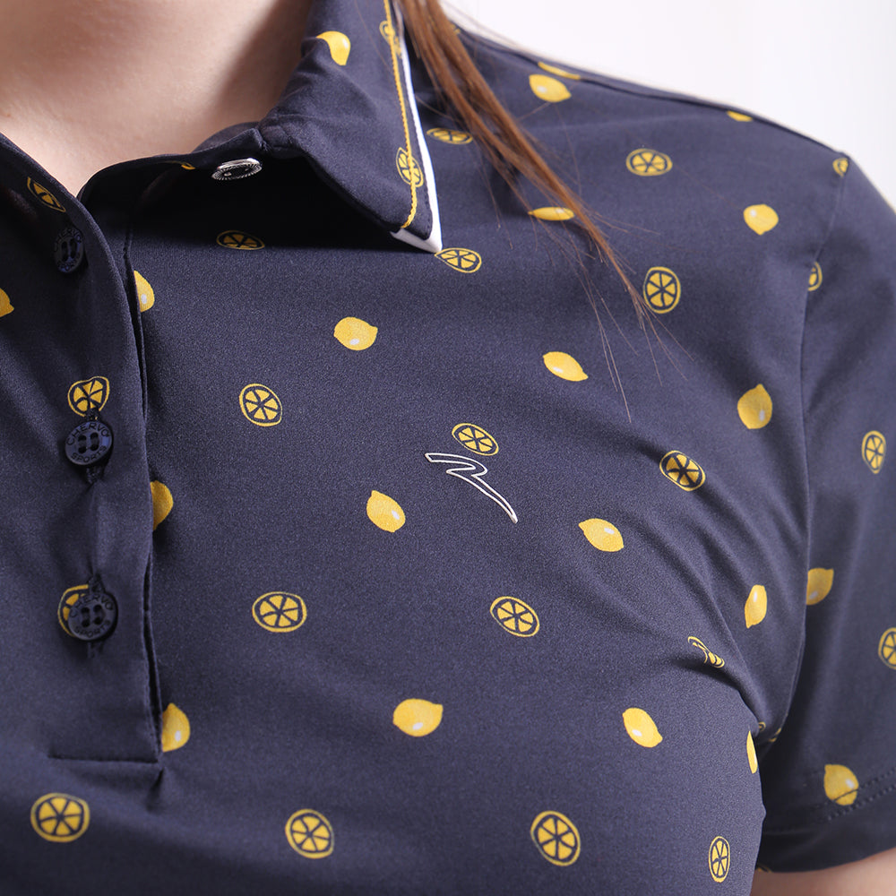 Chervo Ladies Short Sleeve Polo in Navy & Yellow Lemon Print