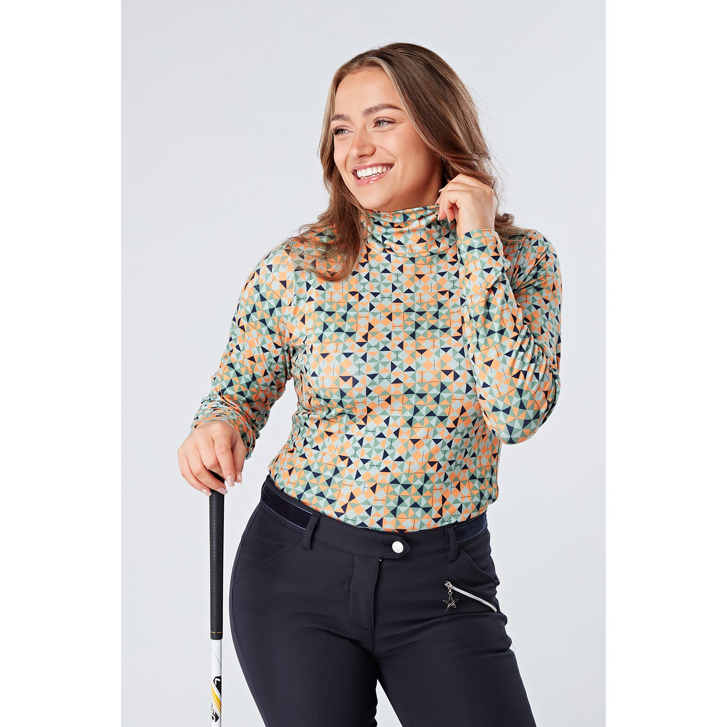 Swing Out Sister Ladies Apricot Print Soft-Stretch Golf Roll Neck Top