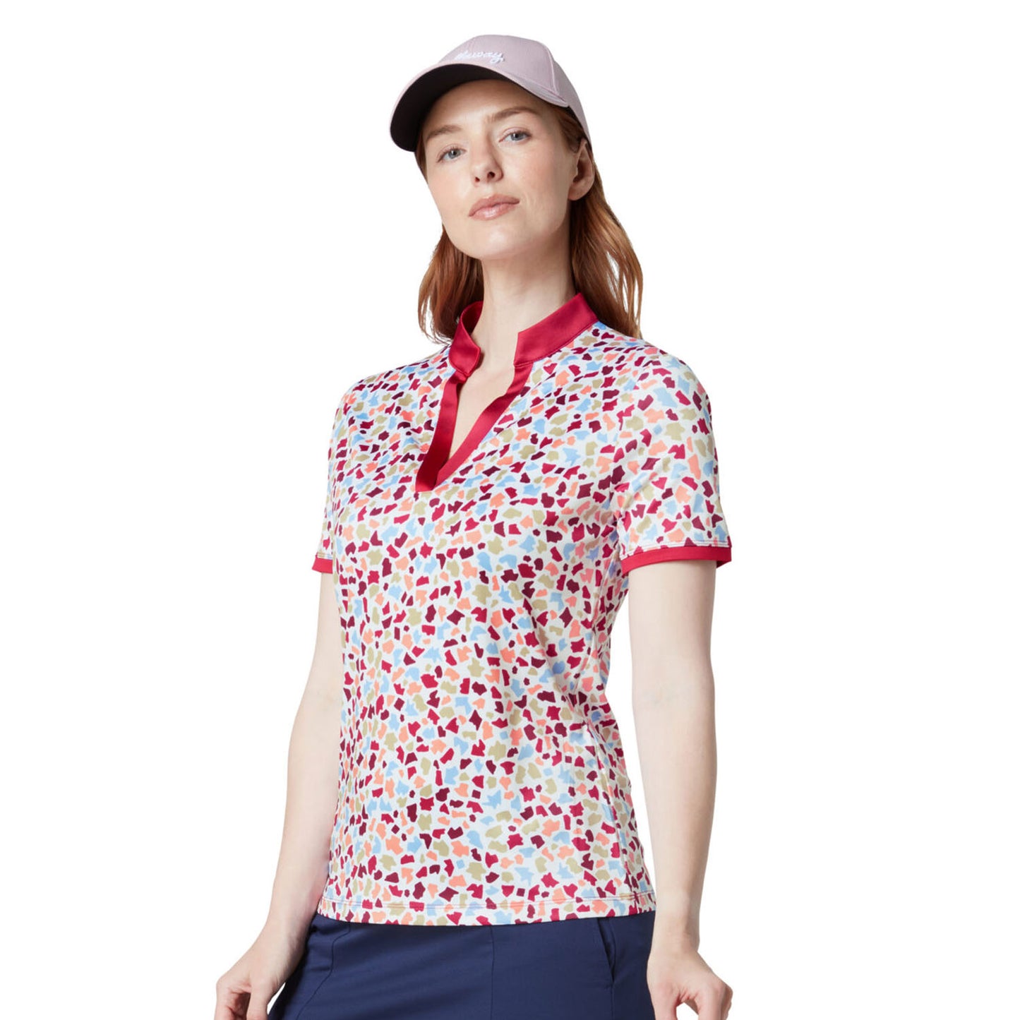 Callaway Women's V-Neck Short Sleeve Print Polo with Mesh Back Detail