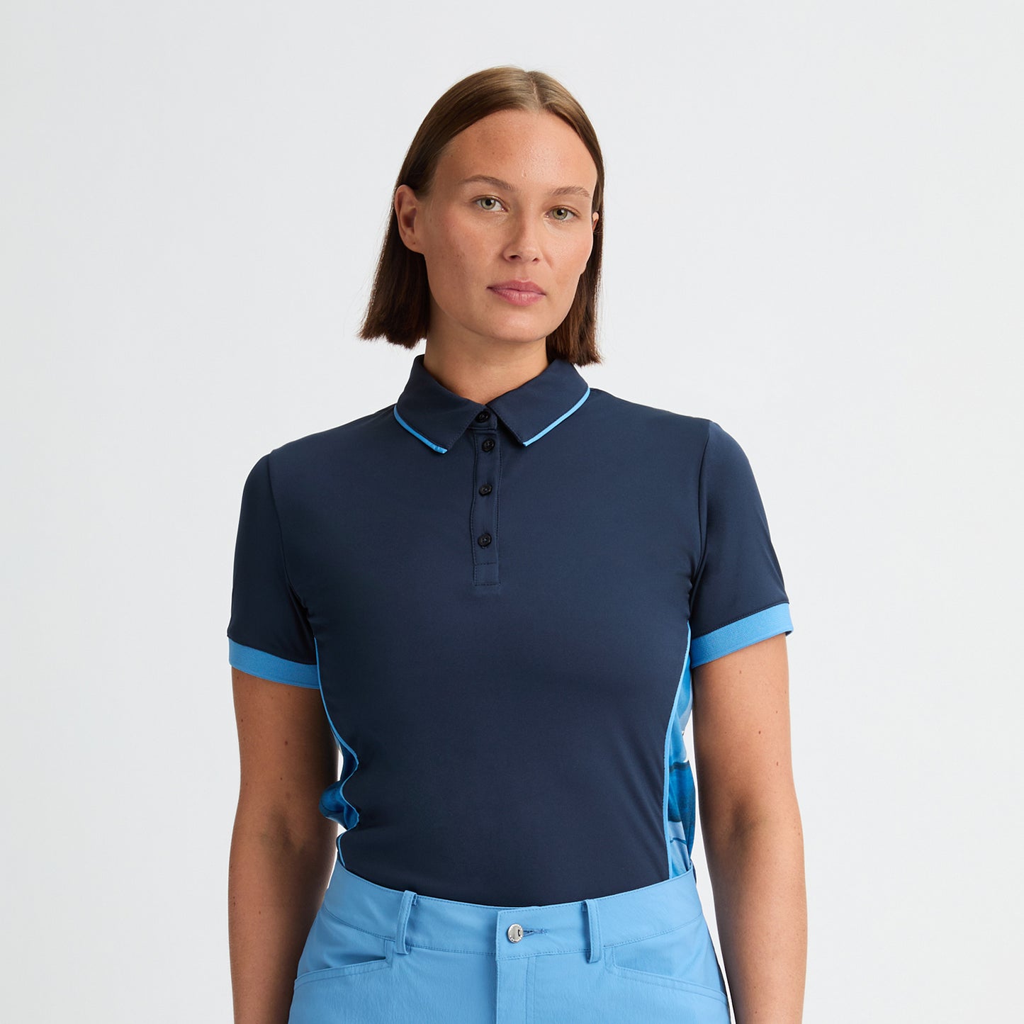 Rohnisch Women's Navy Golf Polo with Piping and Printed Side Panels