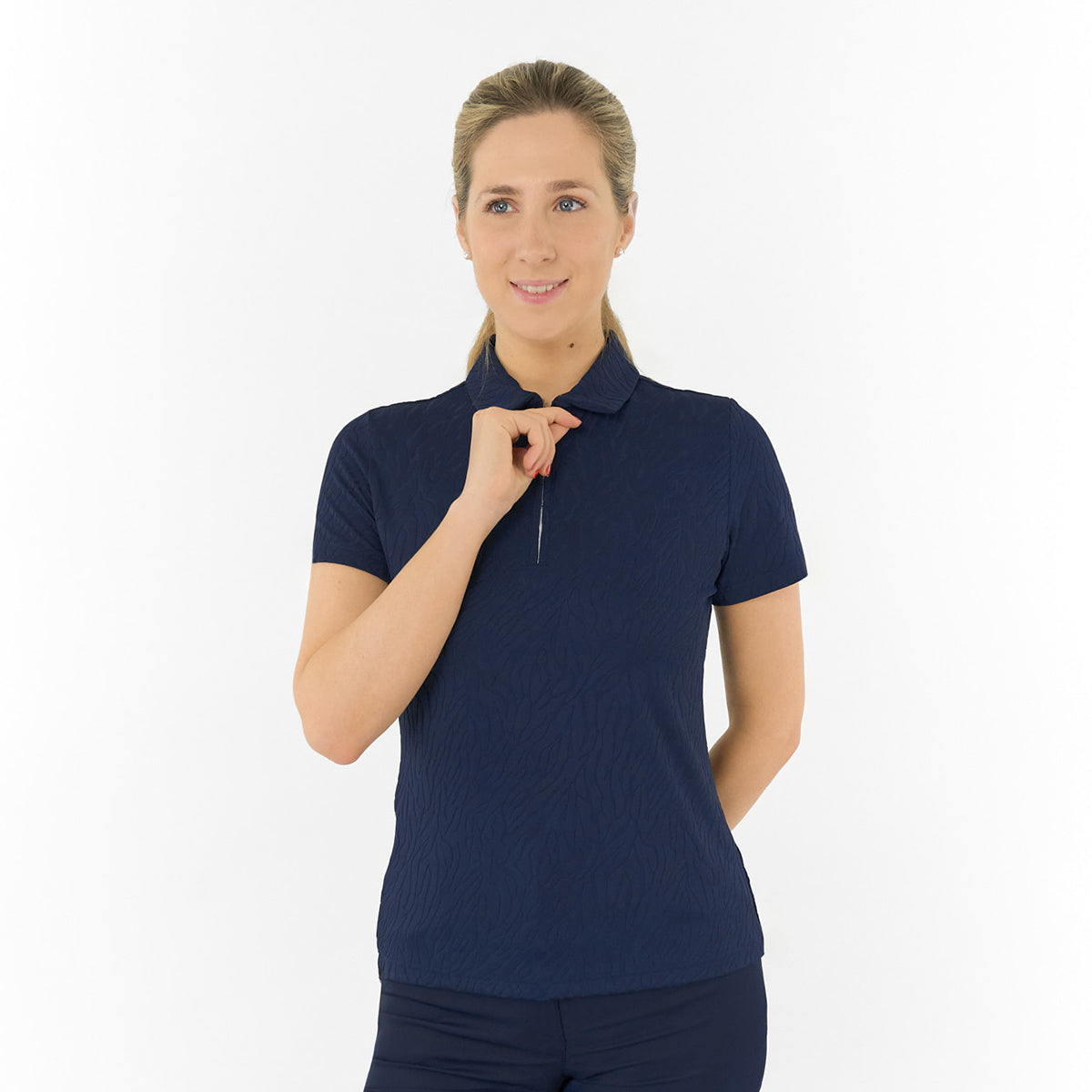 Pure Golf Ladies Short Sleeve Polo in Navy Jacquard Texture for Refined, Effortless Style