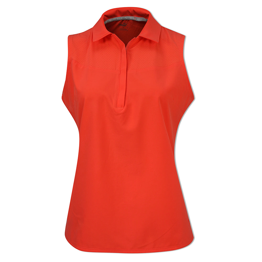 Puma Ladies Sleeveless Mesh Panel Polo in Hot Coral - Last One Medium Only Left
