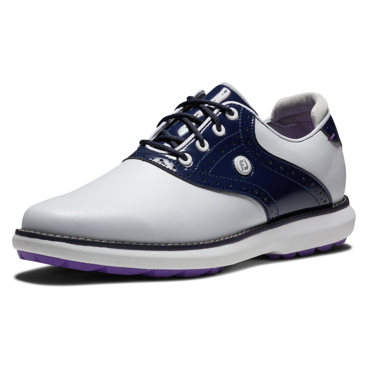 FootJoy Ladies Wide Fit Waterproof Spikeless Traditions Shoes in White, Navy & Purple